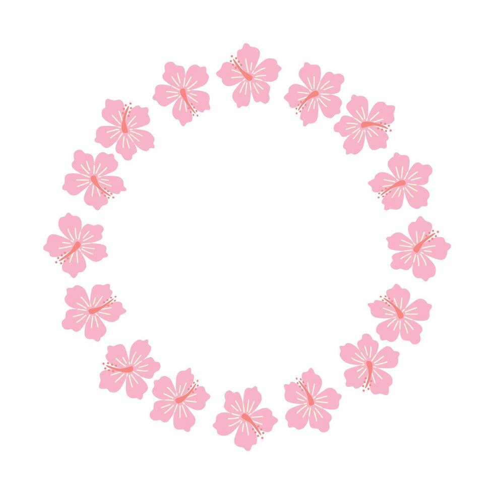 Tropical floral wreath with hibiscus flowers. Exotic pink blossom circle frame on white background. Perfect for wedding invitations, cards, or summer decor. vector