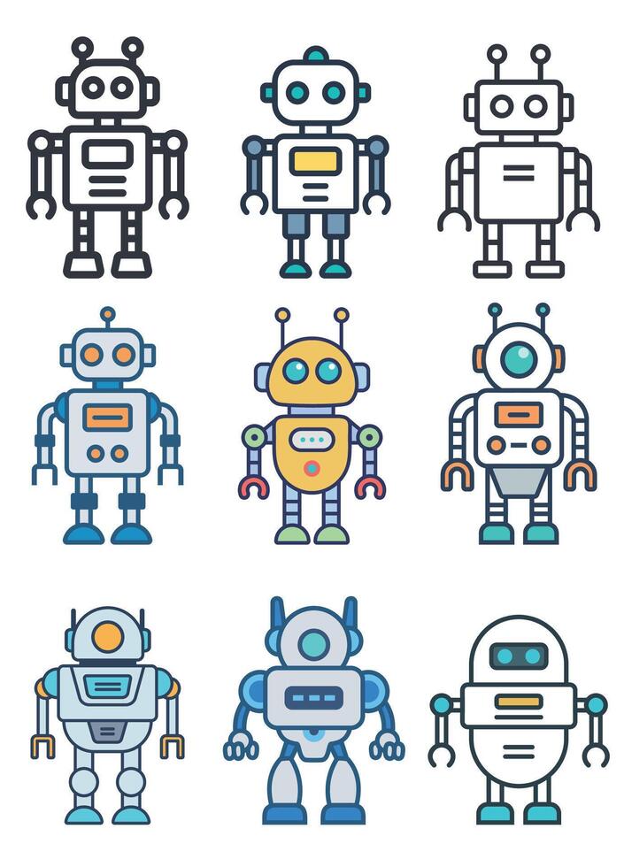 Colorful Cartoon Robot Set, Flat Design vector