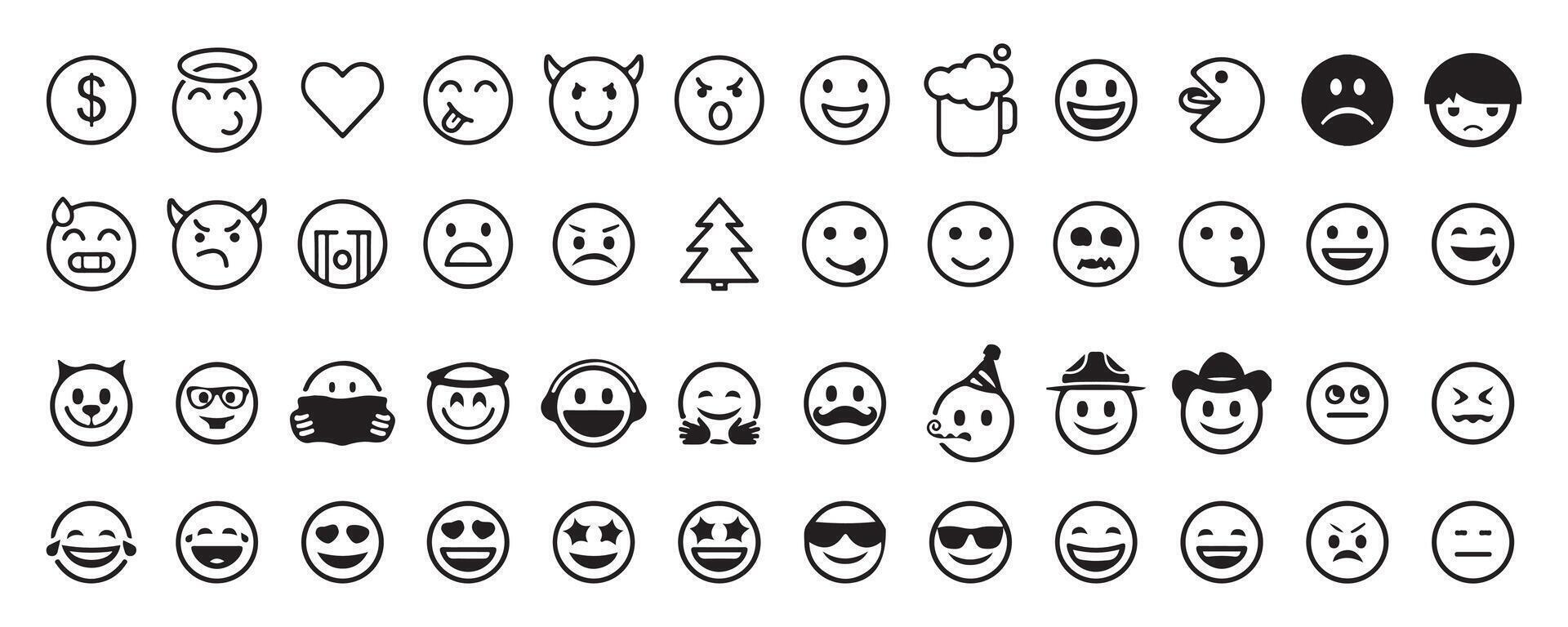 Abstract funny many different emoji emoticon icon set. vector