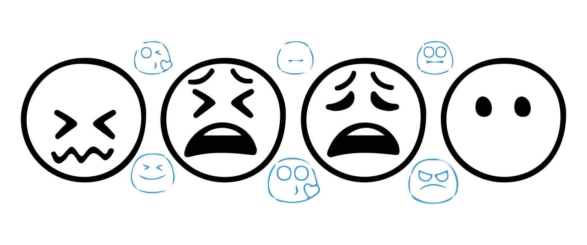 Emoticons faces icon in hand drawn style. Emoji faces collection. happy, smile, sad and angry emoji vector