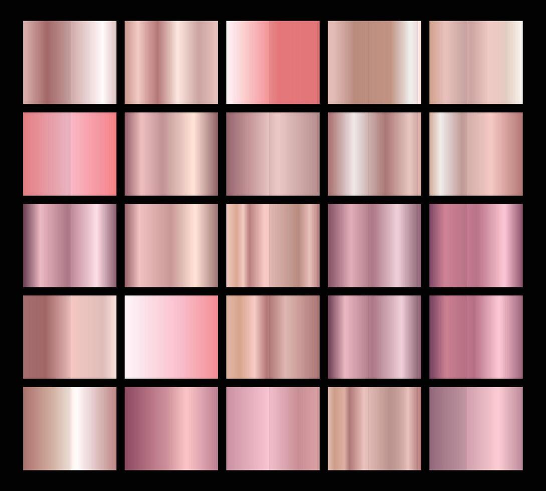 Set of gold rose foil texture. Collection of pink metallic textures isolated on black background. illustration vector