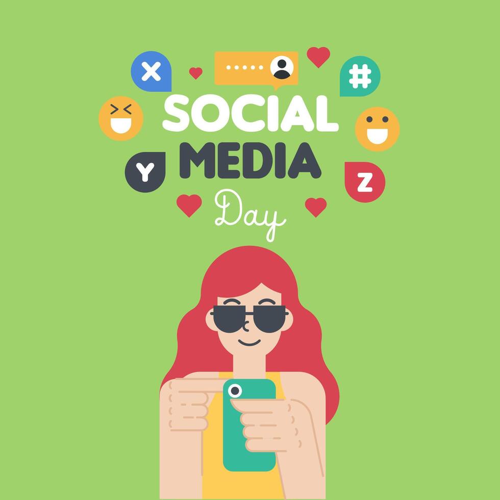 Happy social media day illustration with girl and her smartphone vector