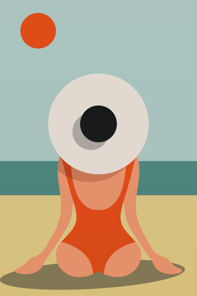 Minimalistic aesthetic girl sit down landscape boho illustration vector