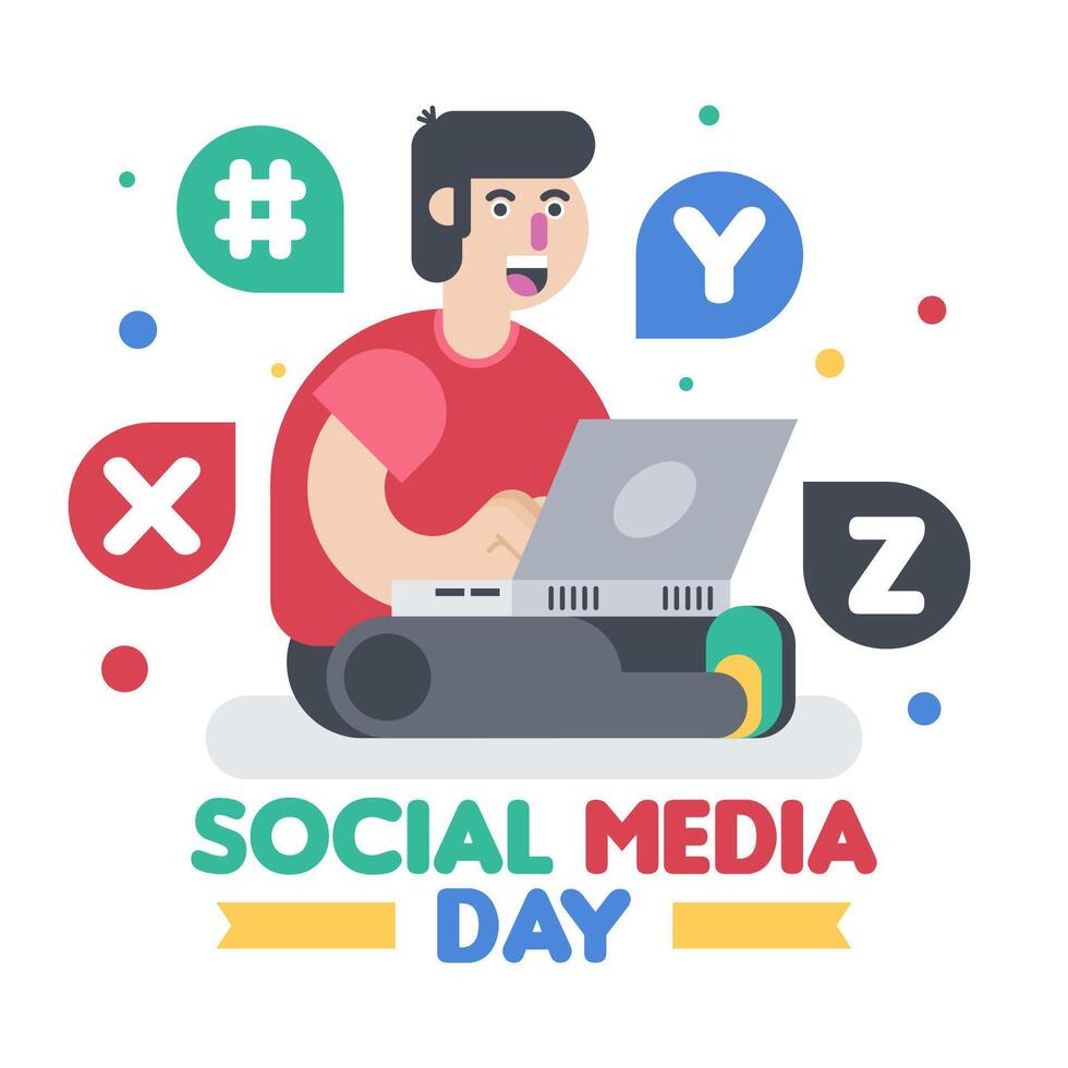 Happy social media day illustration with a boy doing laptop vector