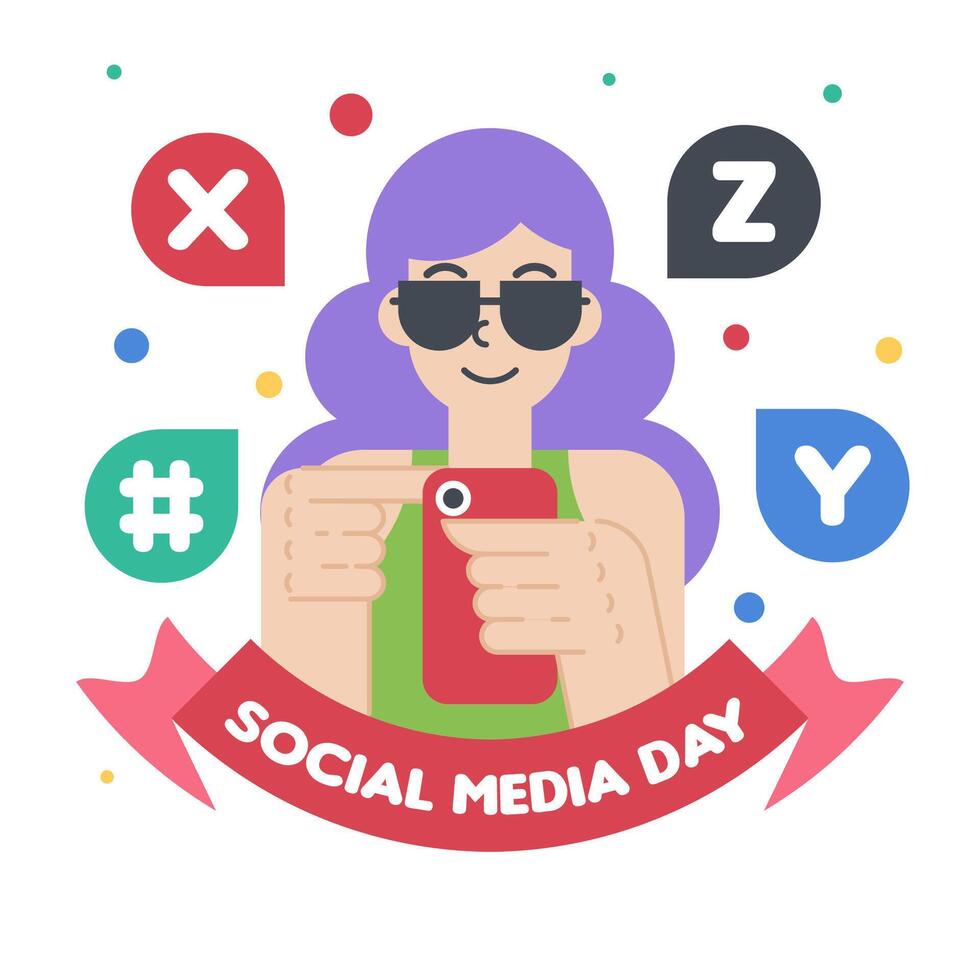 Happy social media day illustration with a girl with sunglasses vector