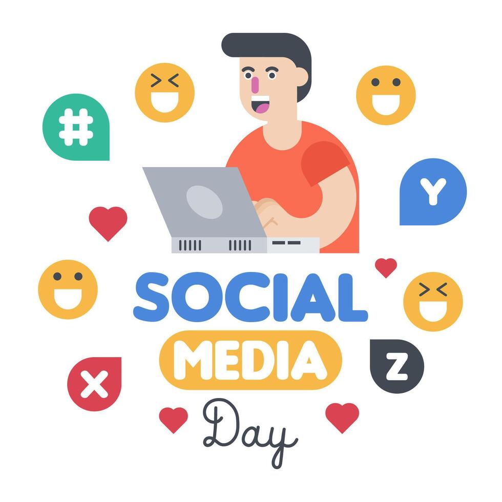 Happy social media day illustration with man and laptop vector