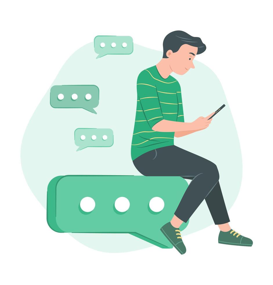 Man Sitting on Big Chat Bubble Icon and Chat on Mobile Phone for Telecommunication Concept Illustration vector