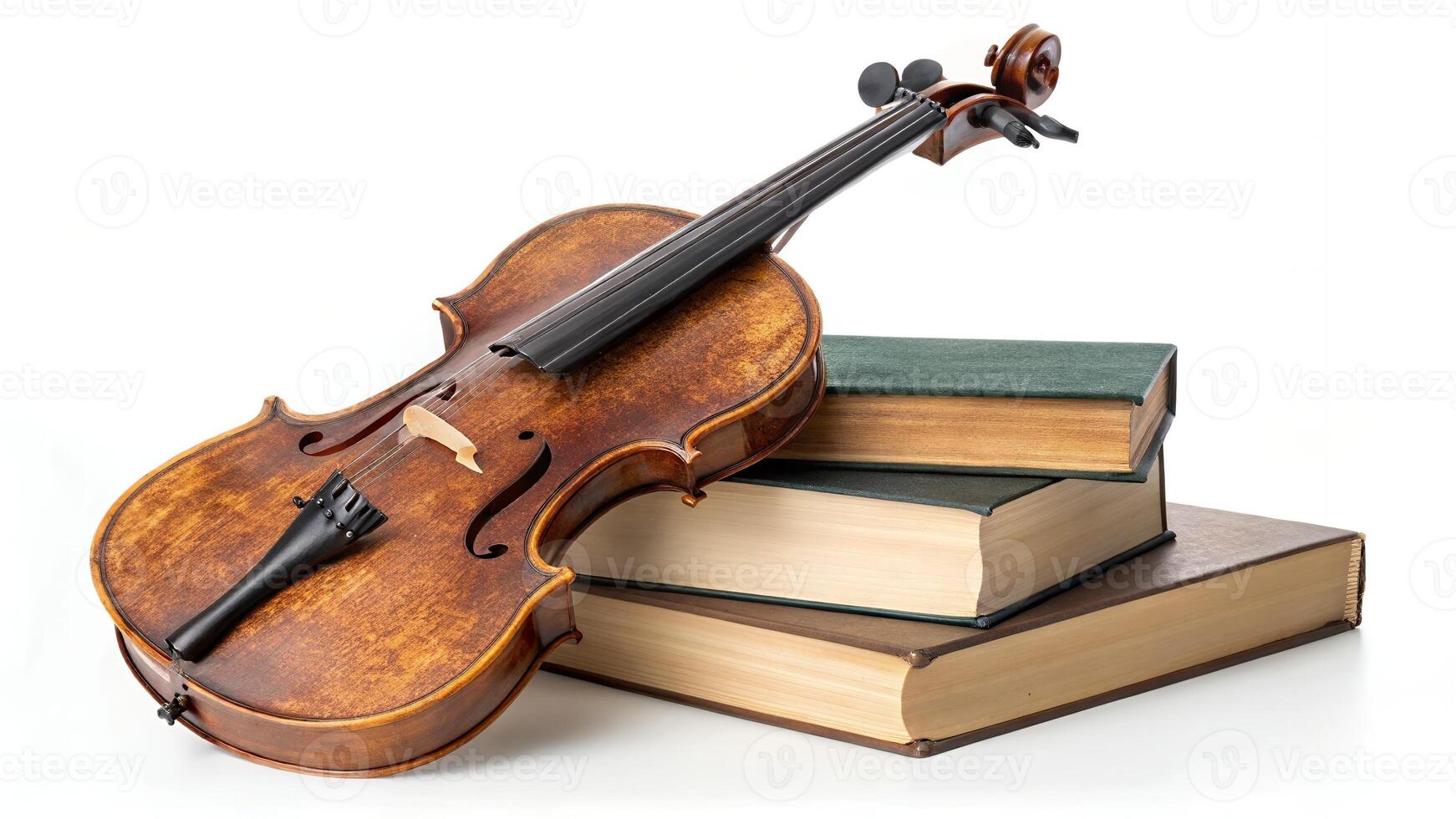 Violin Resting on Stack of Old Books Isolated on White Background photo