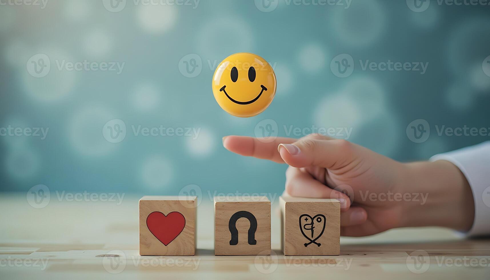 Hand with wooden blocks with smiley face and heart photo