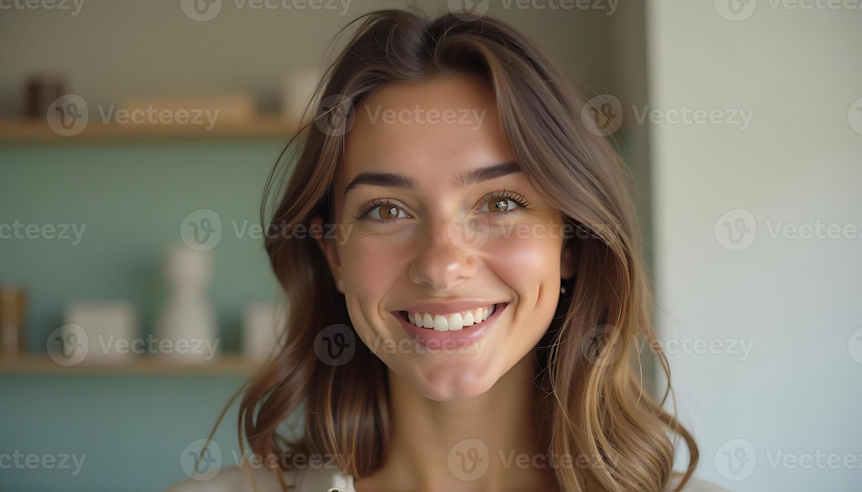 A woman smiling in front of a shelf photo