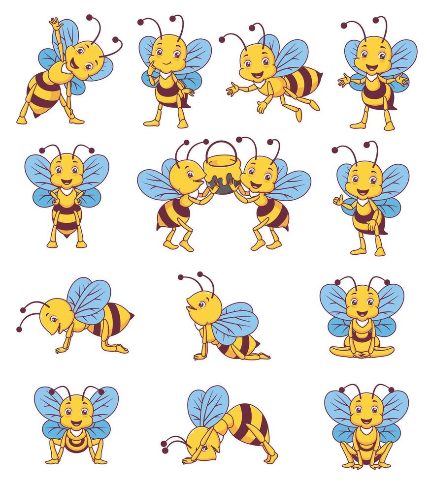 Twelve cartoon bees in various poses suitable for kids educational materials, yoga studios, health and wellness blogs, and childrens books. vector
