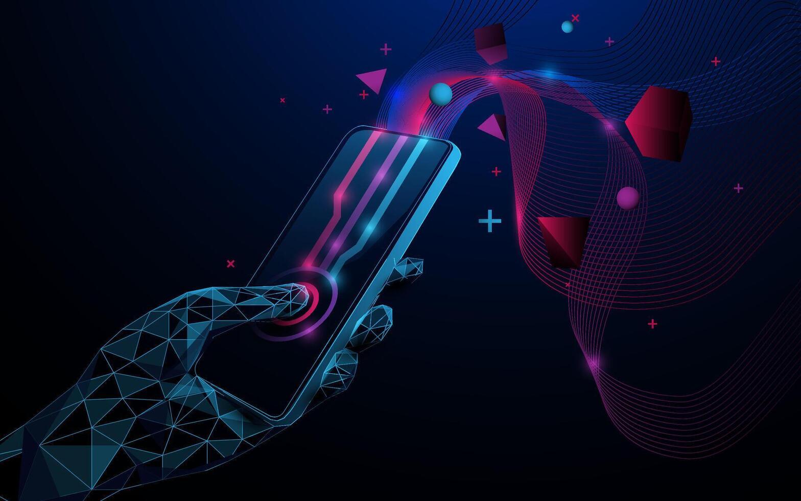 Futuristic low poly hand touching smartphone with digital flow vector