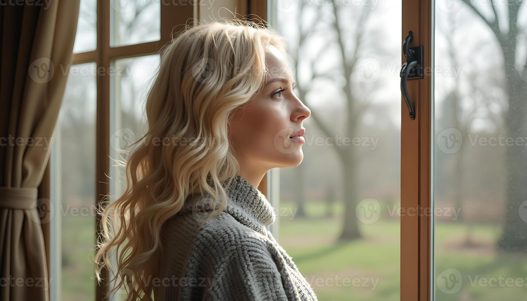 A woman looking out the window at a park photo