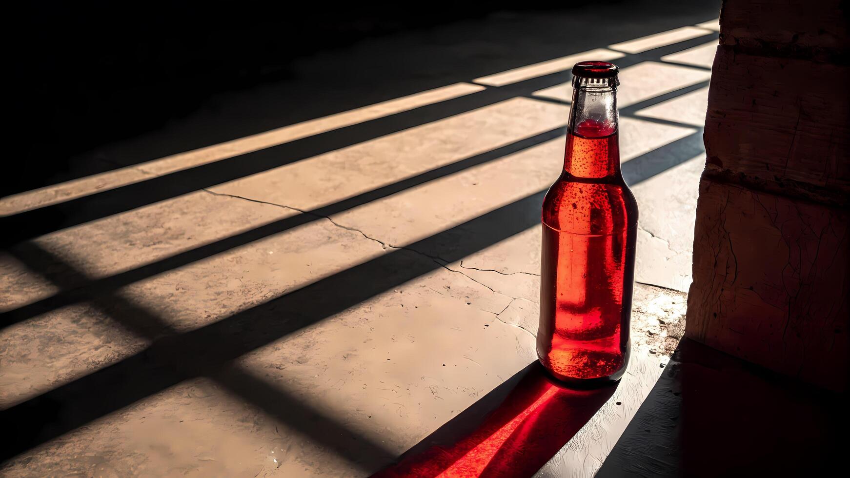 Red Drink in Glass Bottle on Floor with Sunlight and Shadows photo