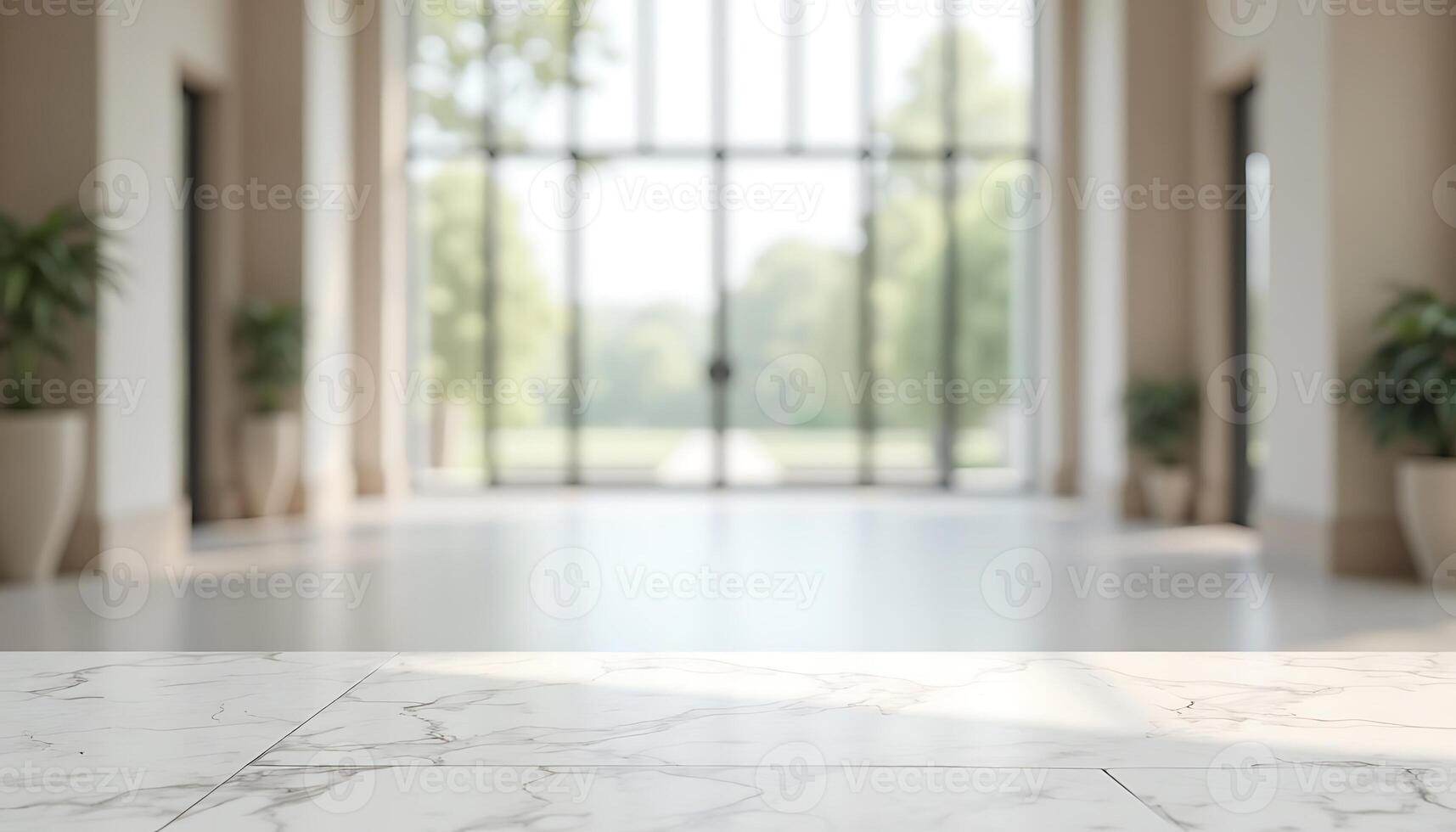 White marble floor in a large room with large windows photo