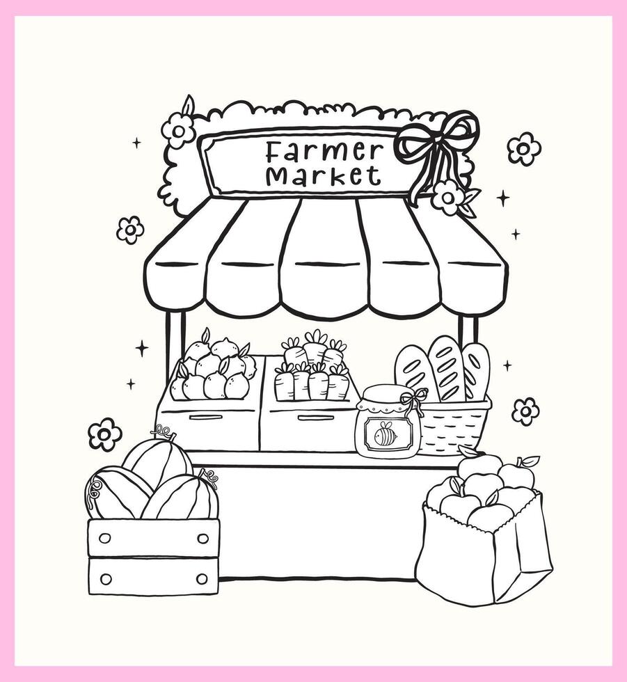 Cute Girly Farmer Market Outline Stand Sell Fruit, Veggies Produce Coloring Page Doodle Hand Drawn vector