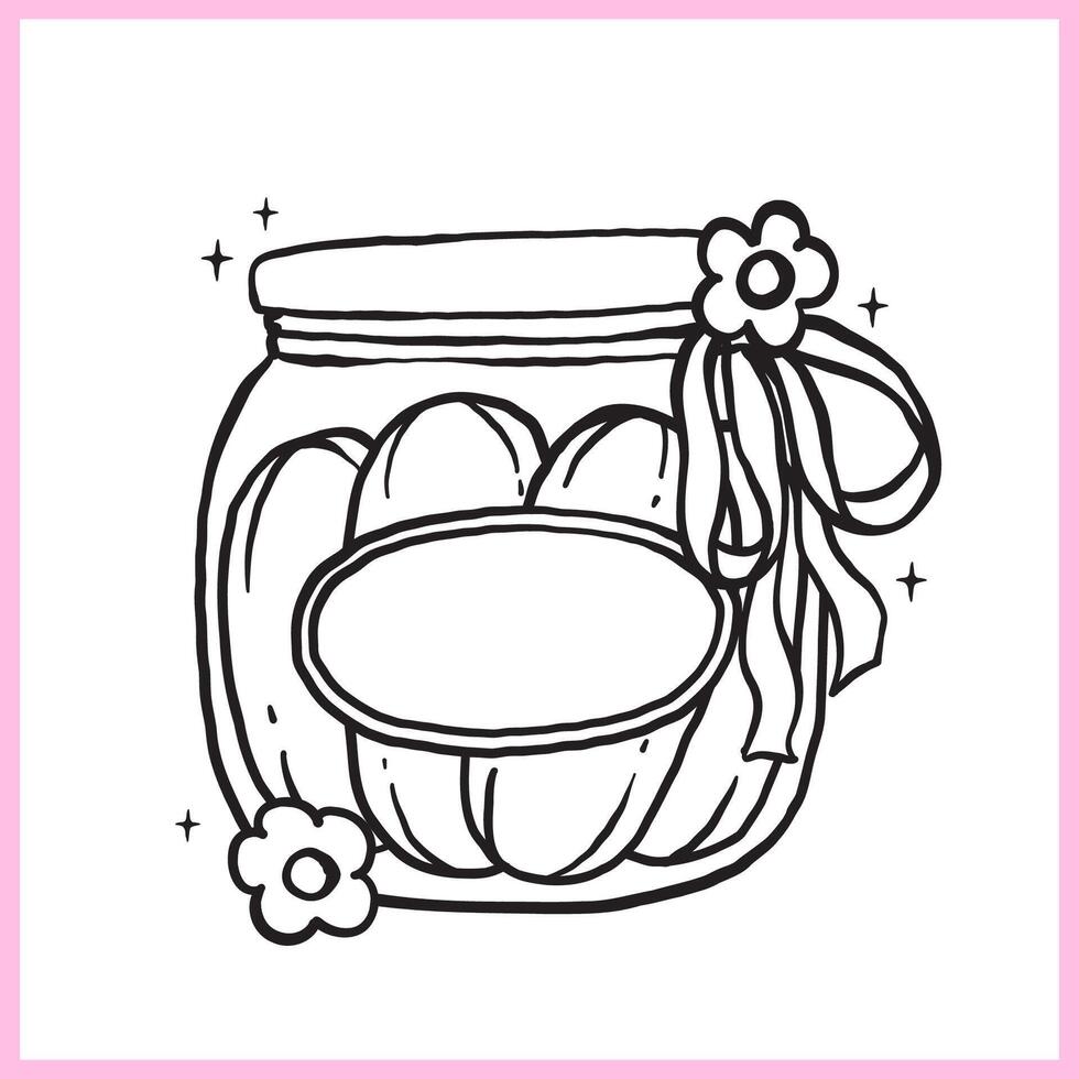Cute Farmers Market Kawaii Pickle Cucumber Jar with Ribbon Bow Playful Doodle Outline Girly Hand Drawing vector
