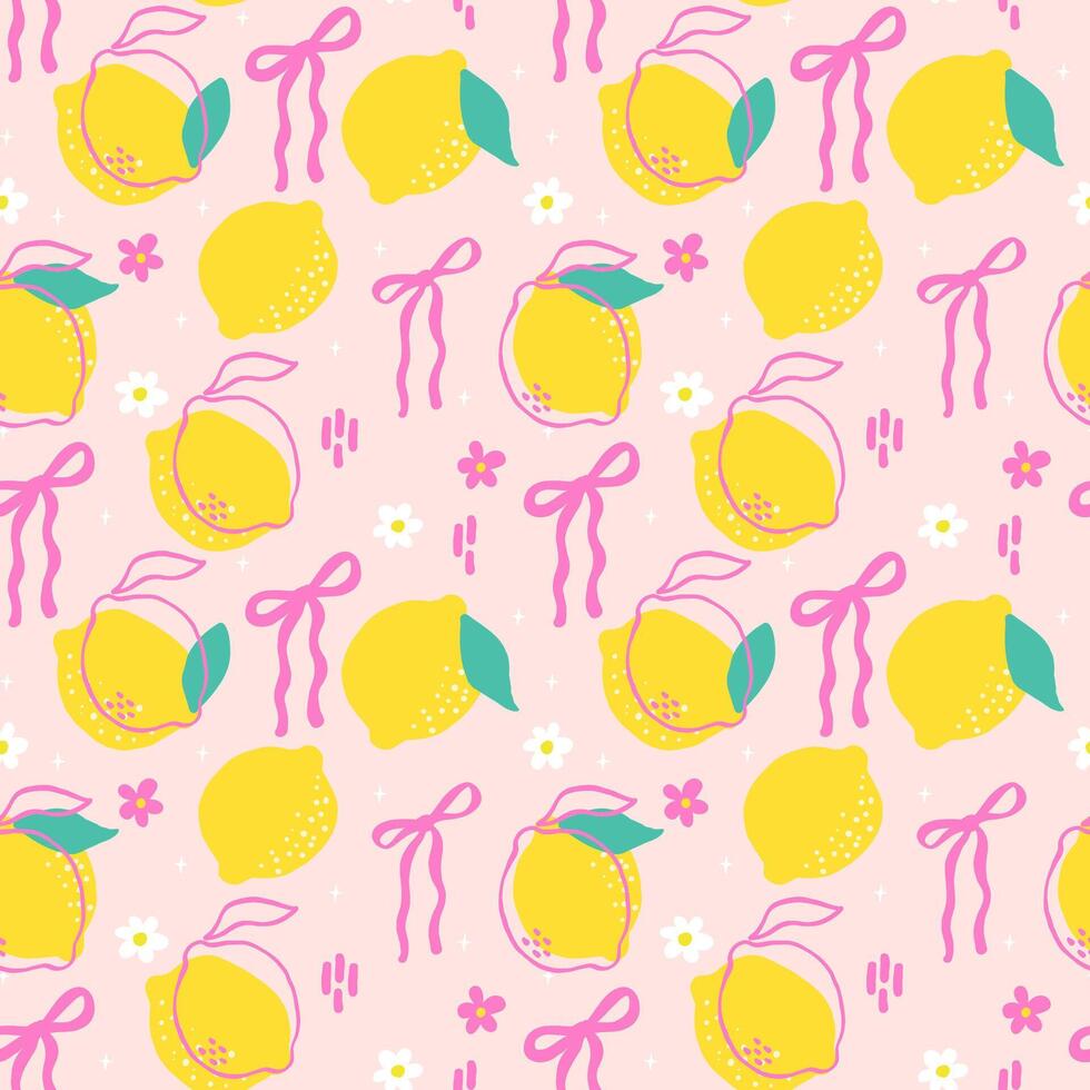 playful coquette lemon with vibrant pink ribbon in seamless repeating pattern,summer wallpaper girly kawaii aesthetic vector