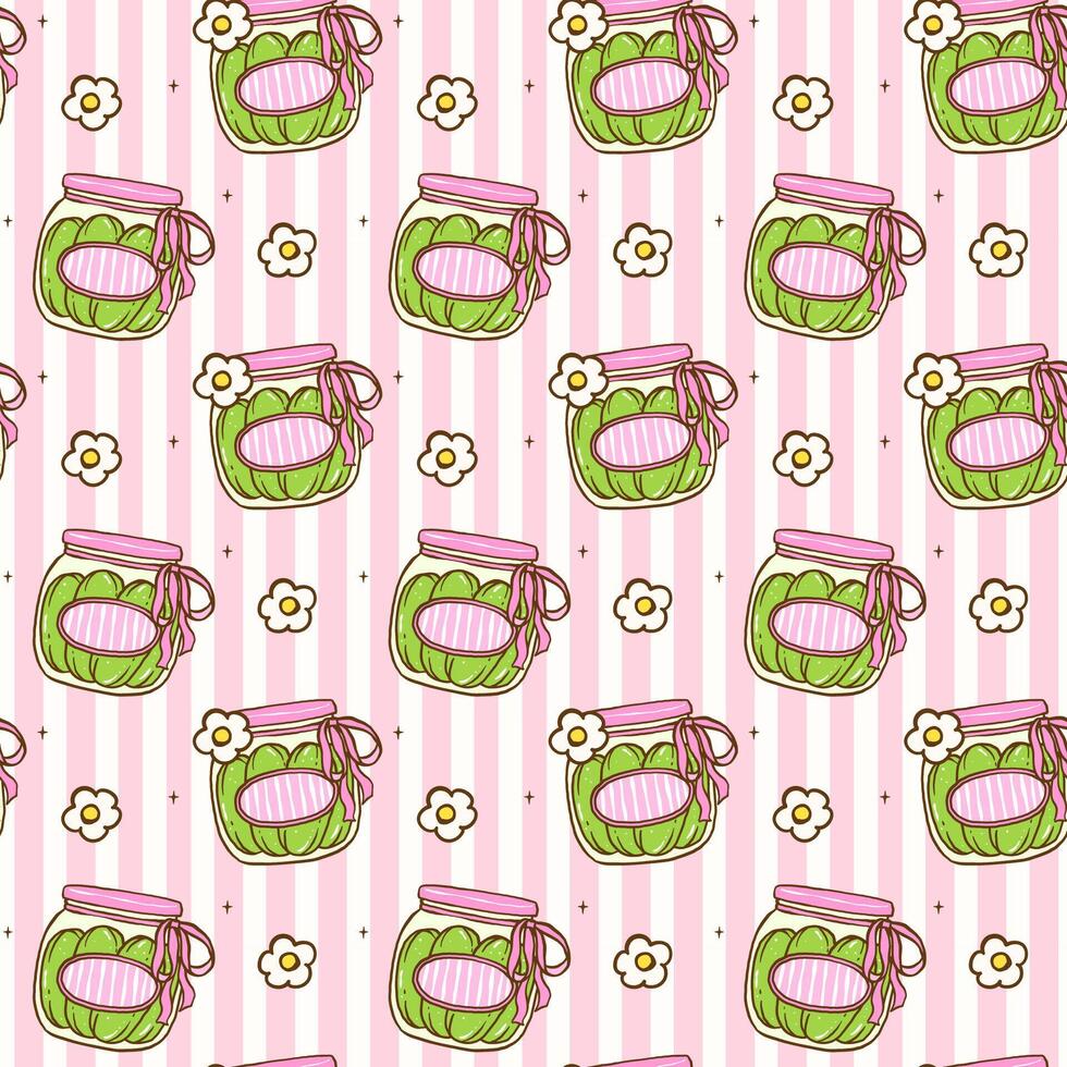 Cute Coquette Seamless Pattern Cucumbers Pickled Jar with pink ribbon bow, Girly Retro Preppy wallpaper. vector