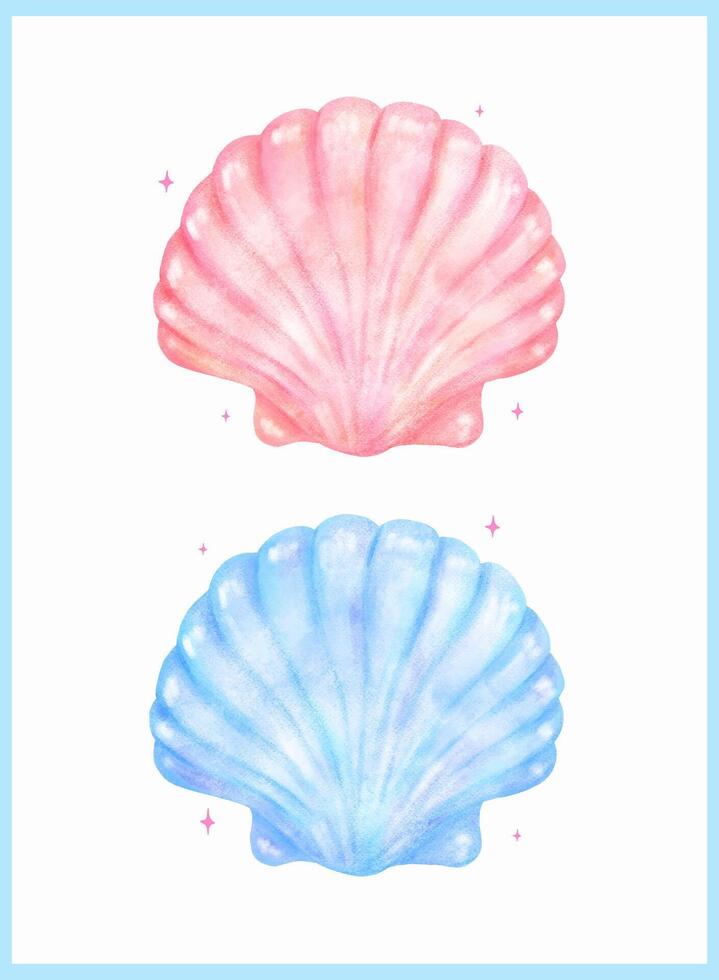 Pastel Clam Seashell Blue and Pink Watercolor Sea Shell Gradient set vector