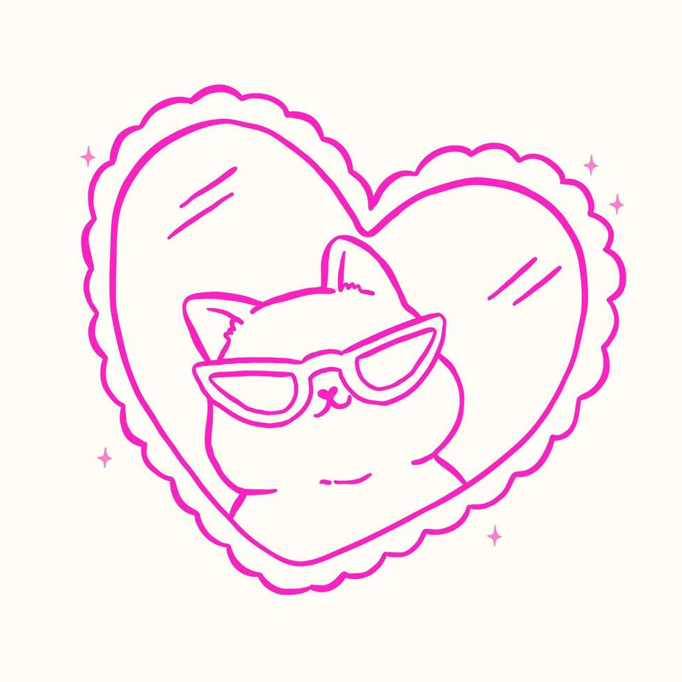Cute Self Confidence Cat Outline Self love Kitten looking in Mirror Cartoon Doodle Hand Drawn vector