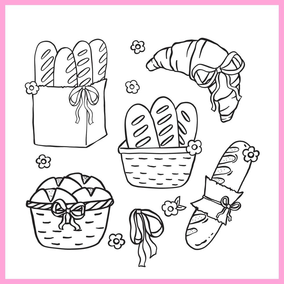 Cute Coquette Farmers Market Bread and Bakery Outline Coloring Image Clipart Set, Colouring Page Doodle Hand Drawn vector
