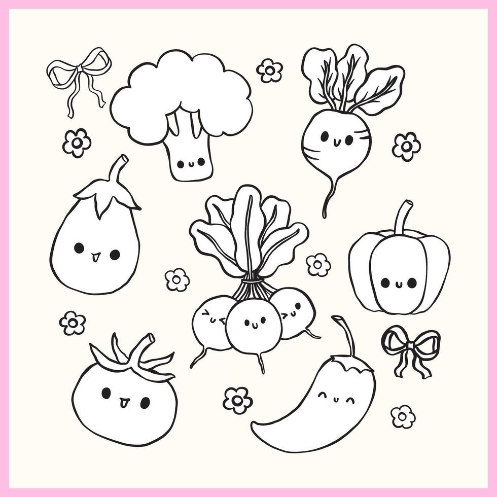 Cute Farmers Market Kawaii Vegetables with Smile face Outline Clipart Set, Playful Doodle Girly Hand Drawing vector