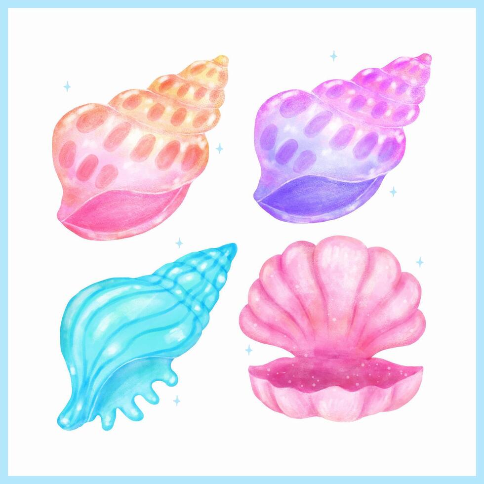Set of Pastel Conch Seashell and Open Clam shell Blue and Pink Watercolor Sea Shell Gradient vector