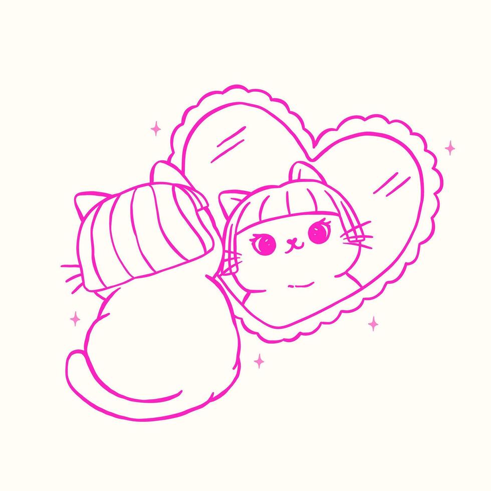 Cute Self Love Cat Outline Looking in Mirror Kitten Cartoon Doodle Hand Drawn vector