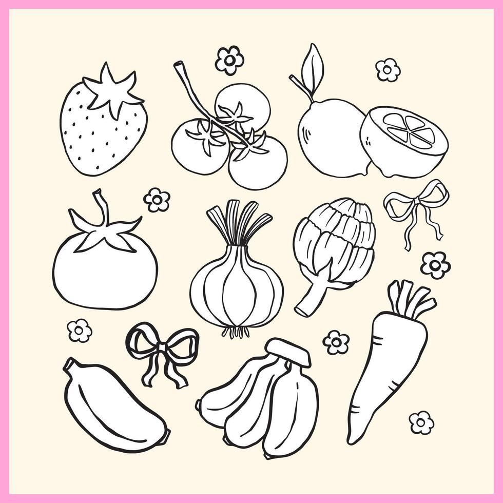 Cute Farmers Market Vegetables and Fruits outline Clipart Set, Playful Doodle Girly Hand Drawing vector
