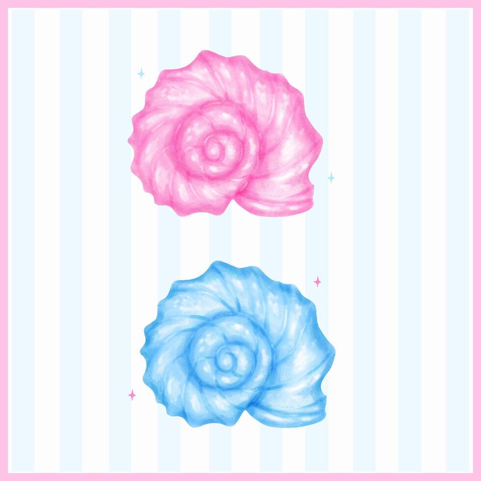 Set of Pastel Curl Conch Seashell Blue and Pink Watercolor Sea Shell vector