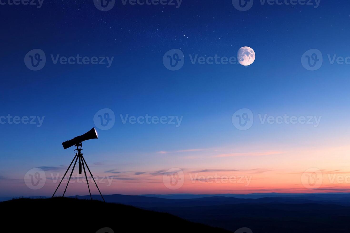 A telescope on a tripod with the moon in the background photo