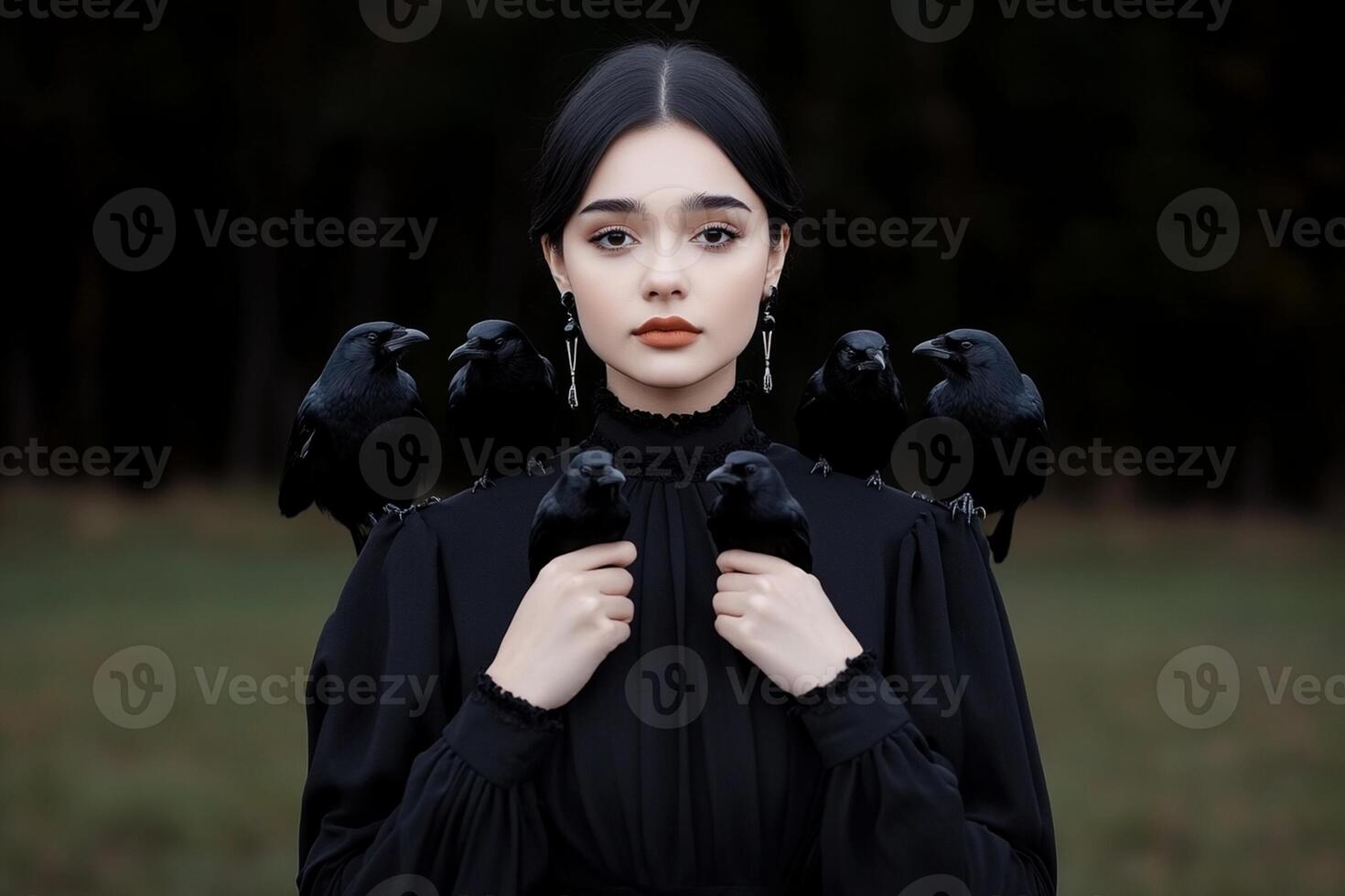 A woman in black dress with crows on her head photo