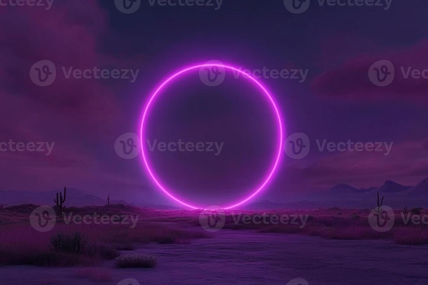 A purple circle in the middle of a desert photo