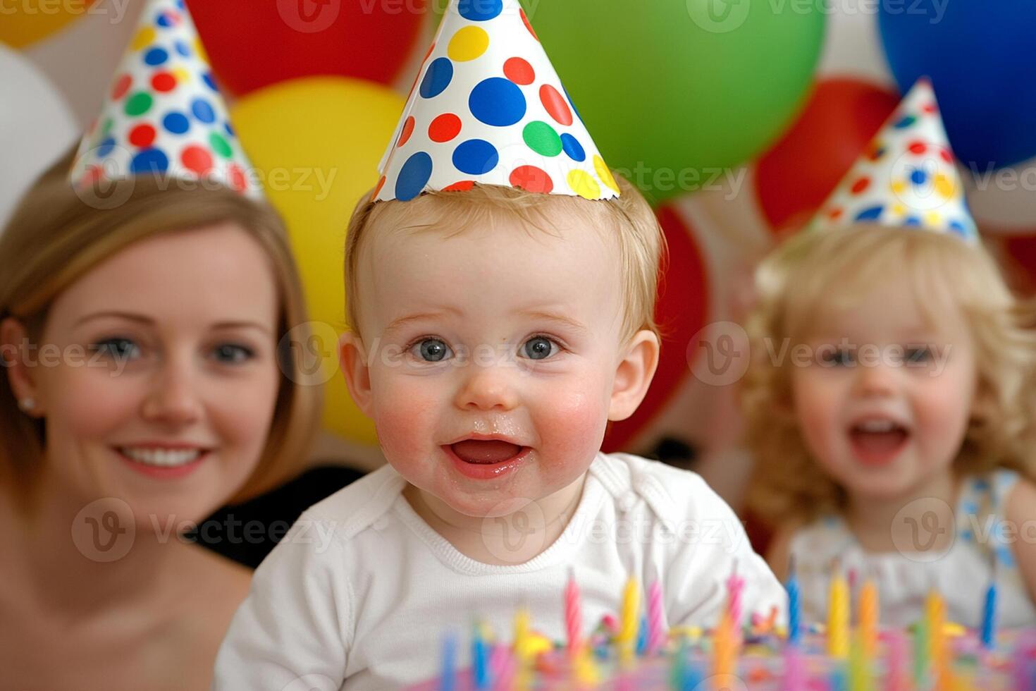 A baby wearing a birthday hat photo