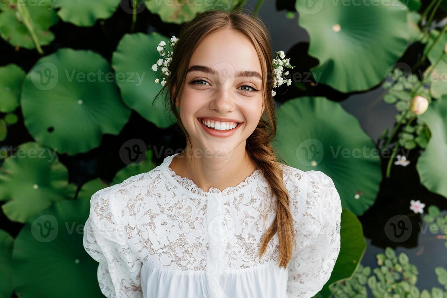 A smiling young woman in a white dress standing in front of lily pads photo