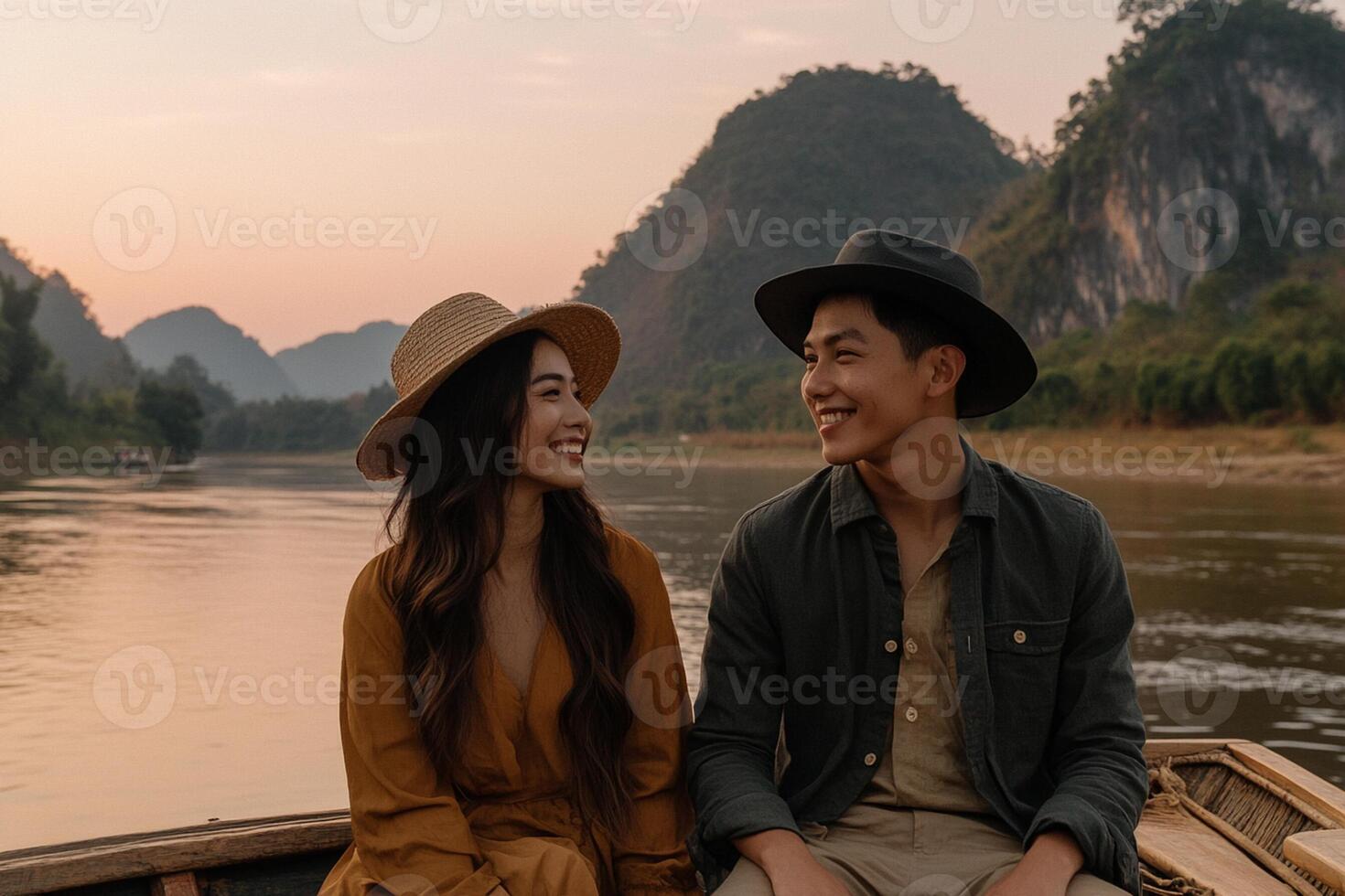 A couple sitting on a boat in front of mountains photo