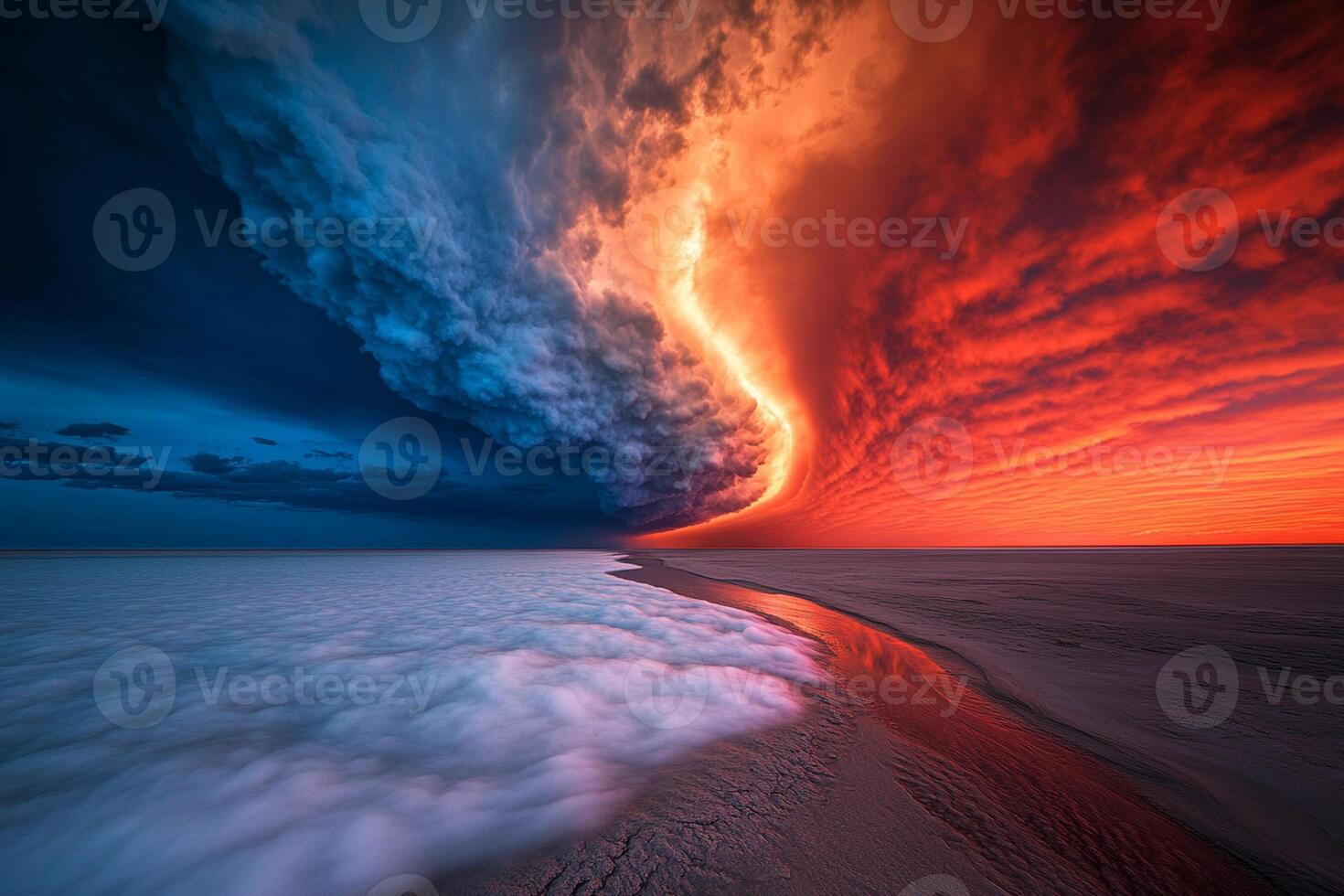 A stormy sky with a bright red and blue cloud photo