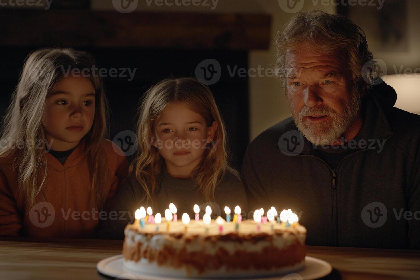 A man and two children looking at a cake with lit candles photo
