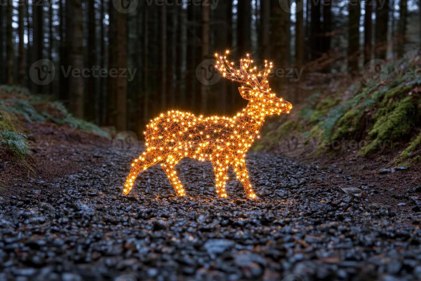 A deer made of lights in the woods photo
