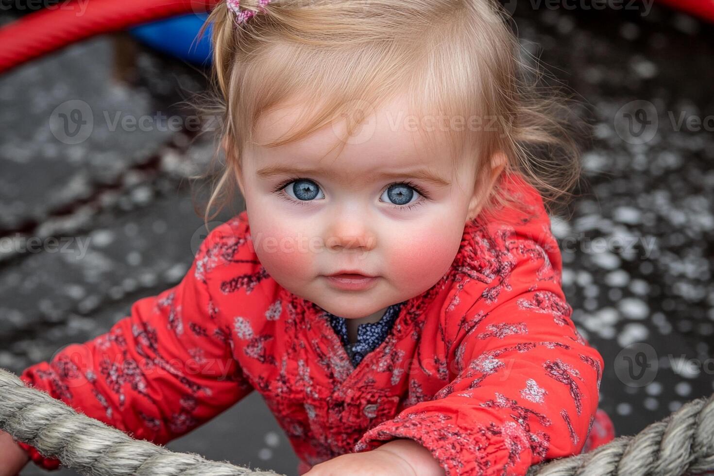 A young girl with blue eyes in a red jacket photo