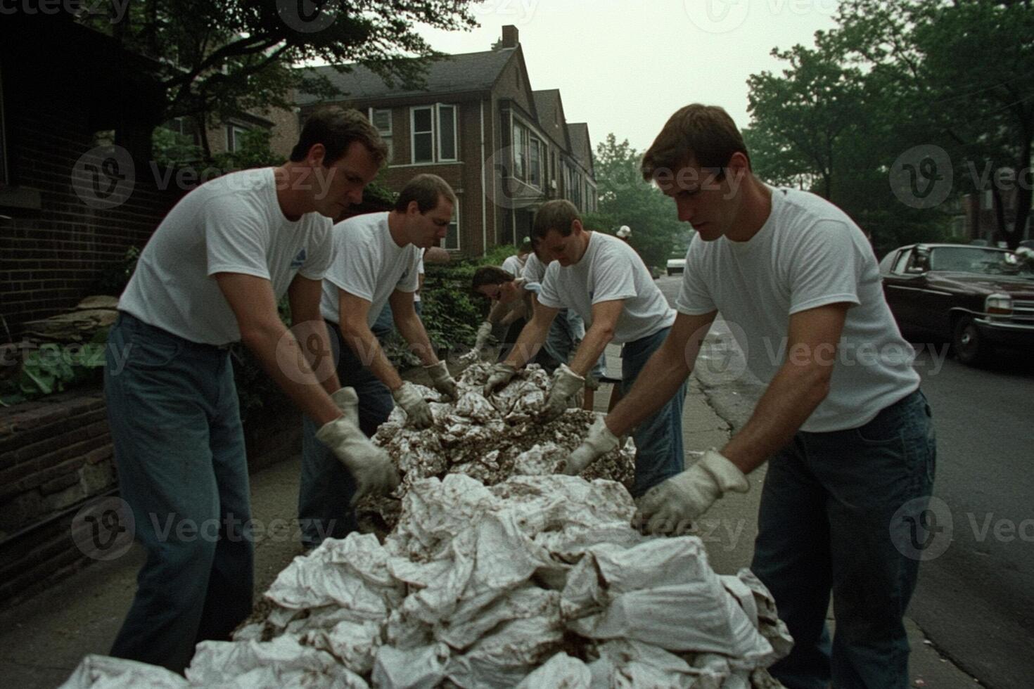 A group of men working on a pile of trash photo