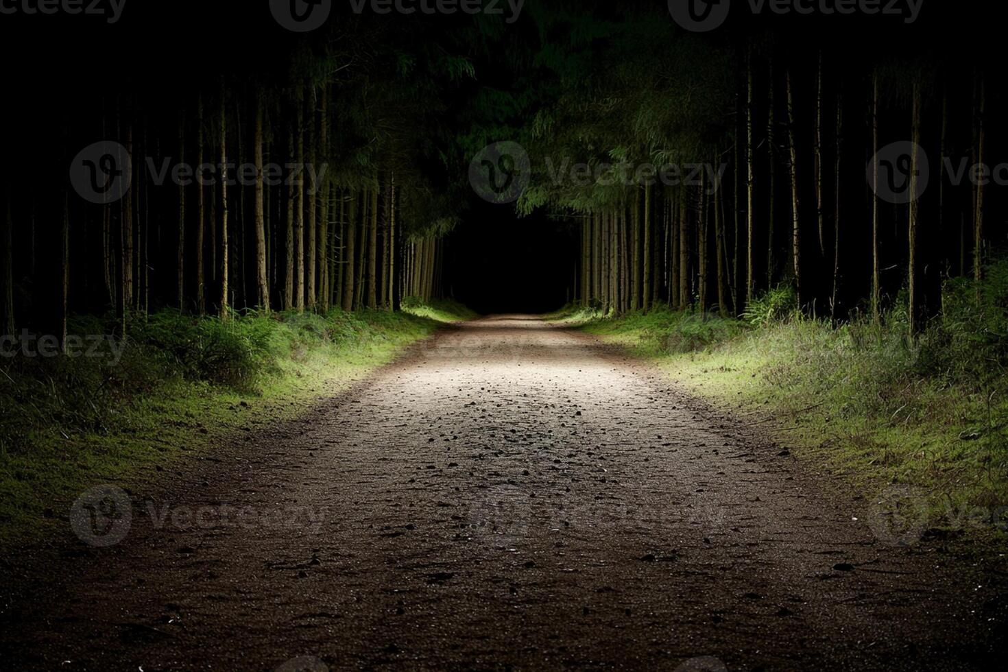 A dark road in the woods at night photo