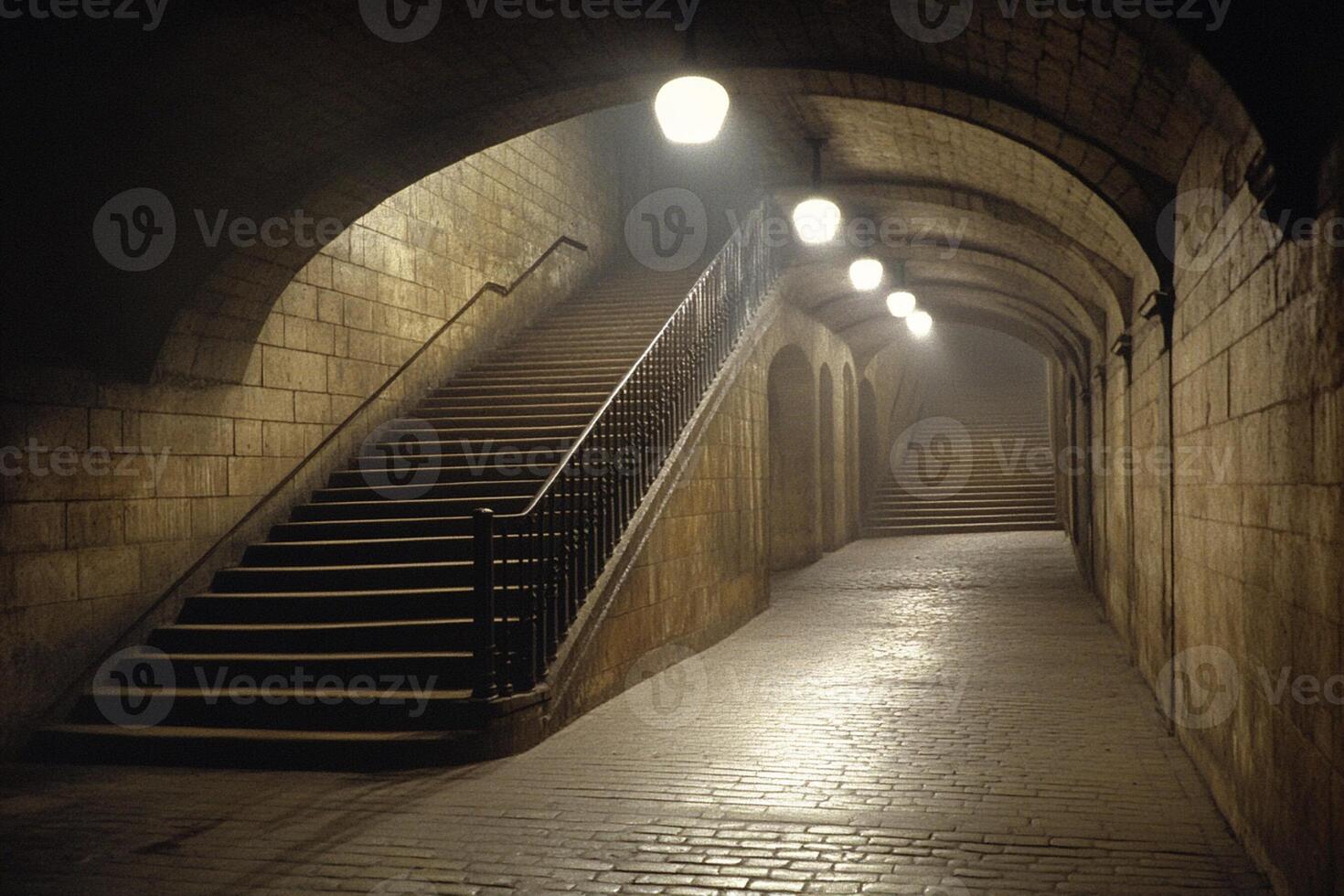 A dark tunnel with stairs and lights photo