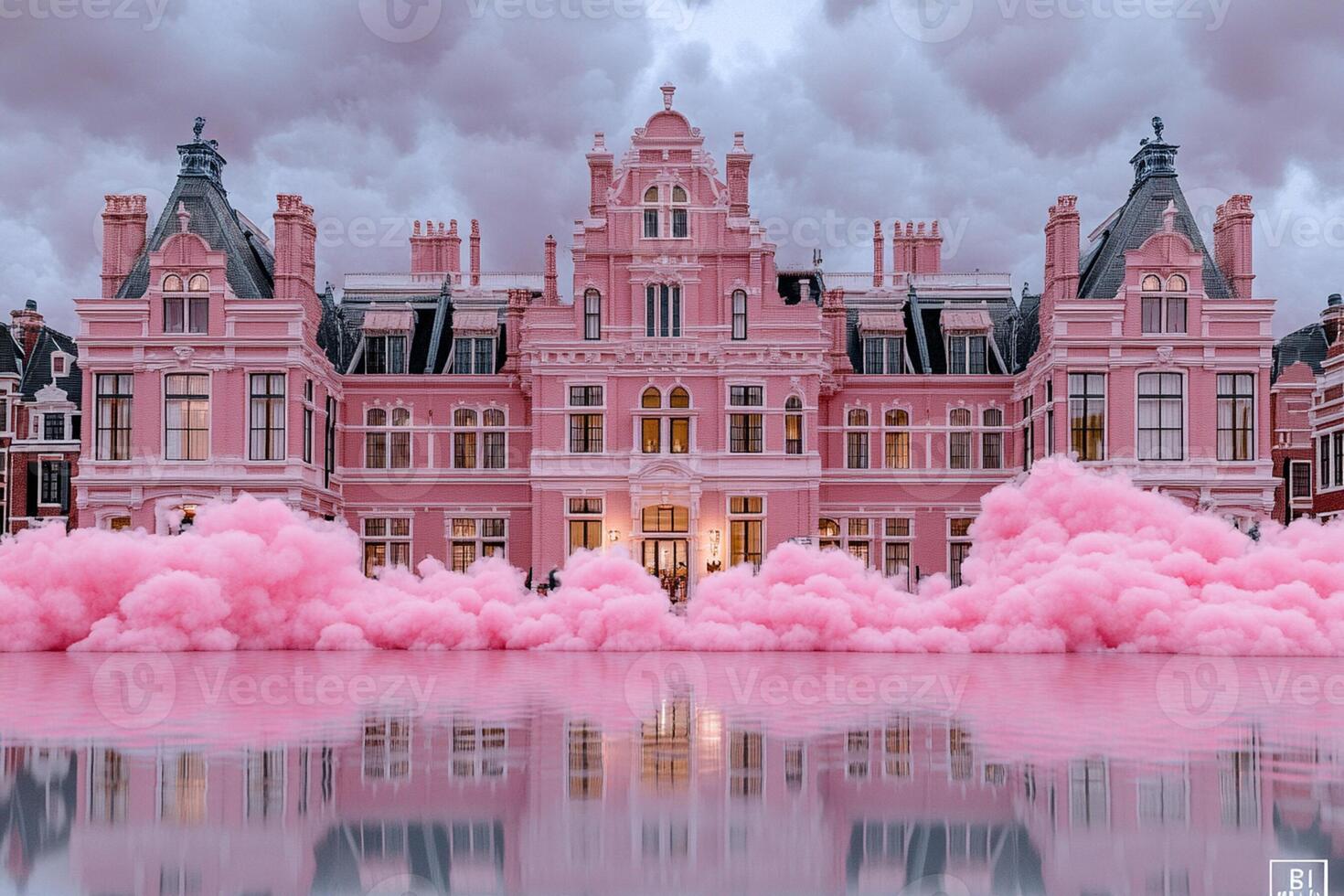 A pink cloud of smoke is in front of a large building photo