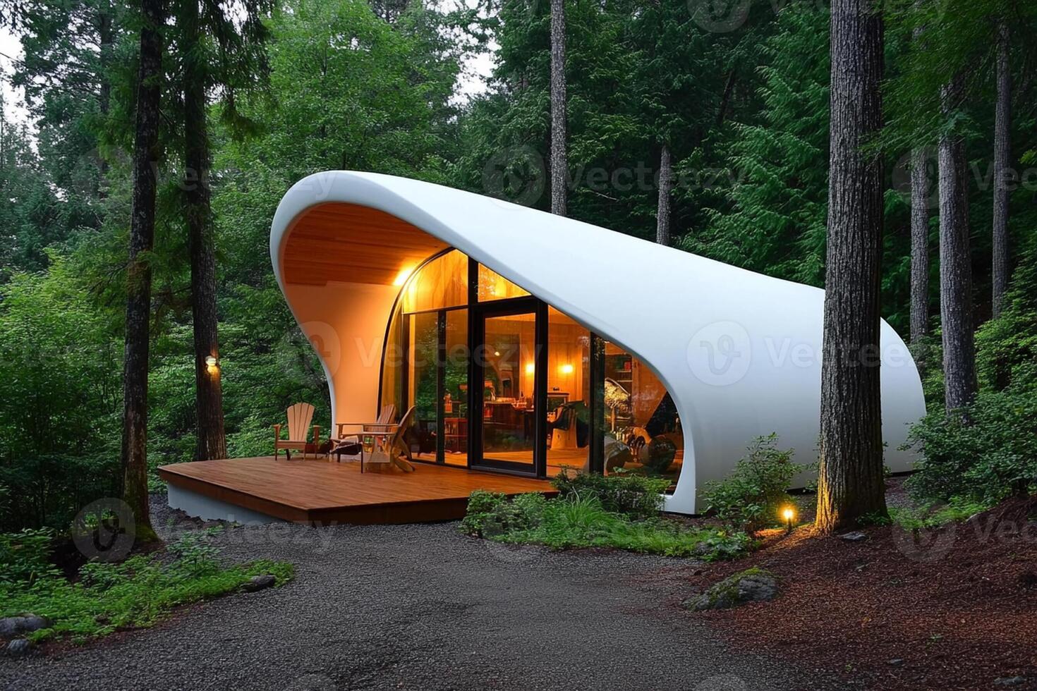 A small house in the woods with a curved roof photo
