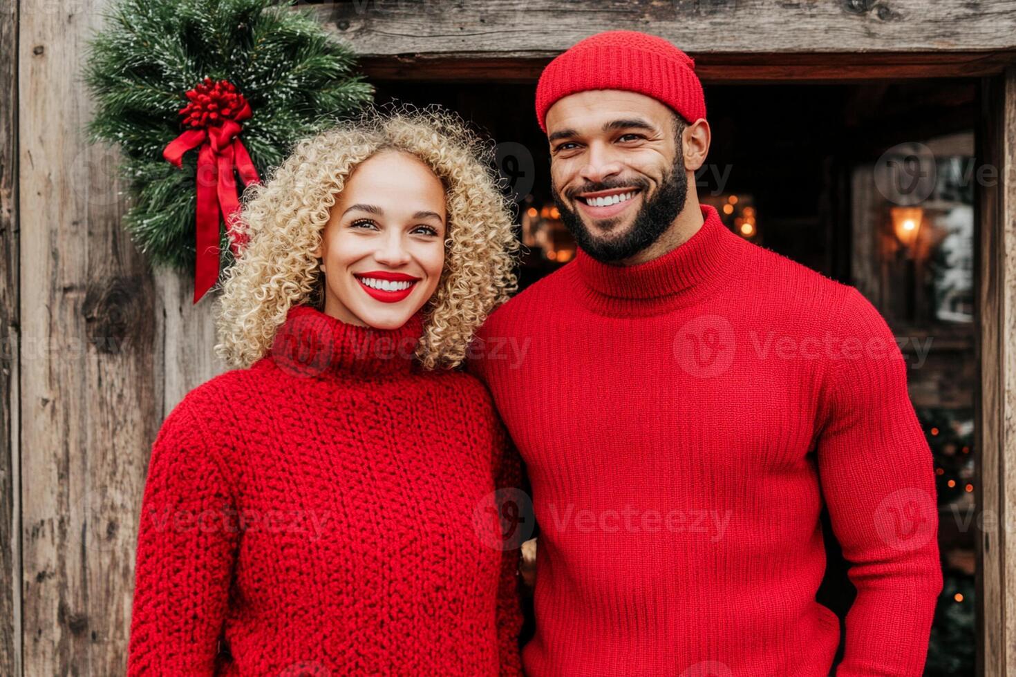 A man and woman in red sweaters standing in front of a christmas tree photo