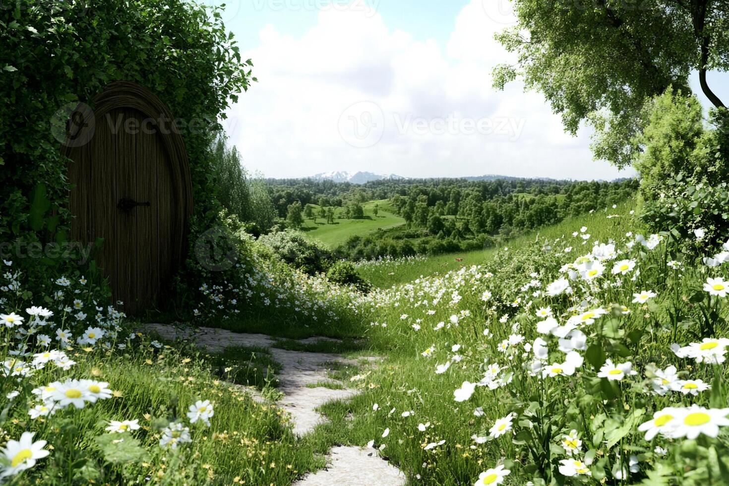 A path leads to a door in a field of flowers photo