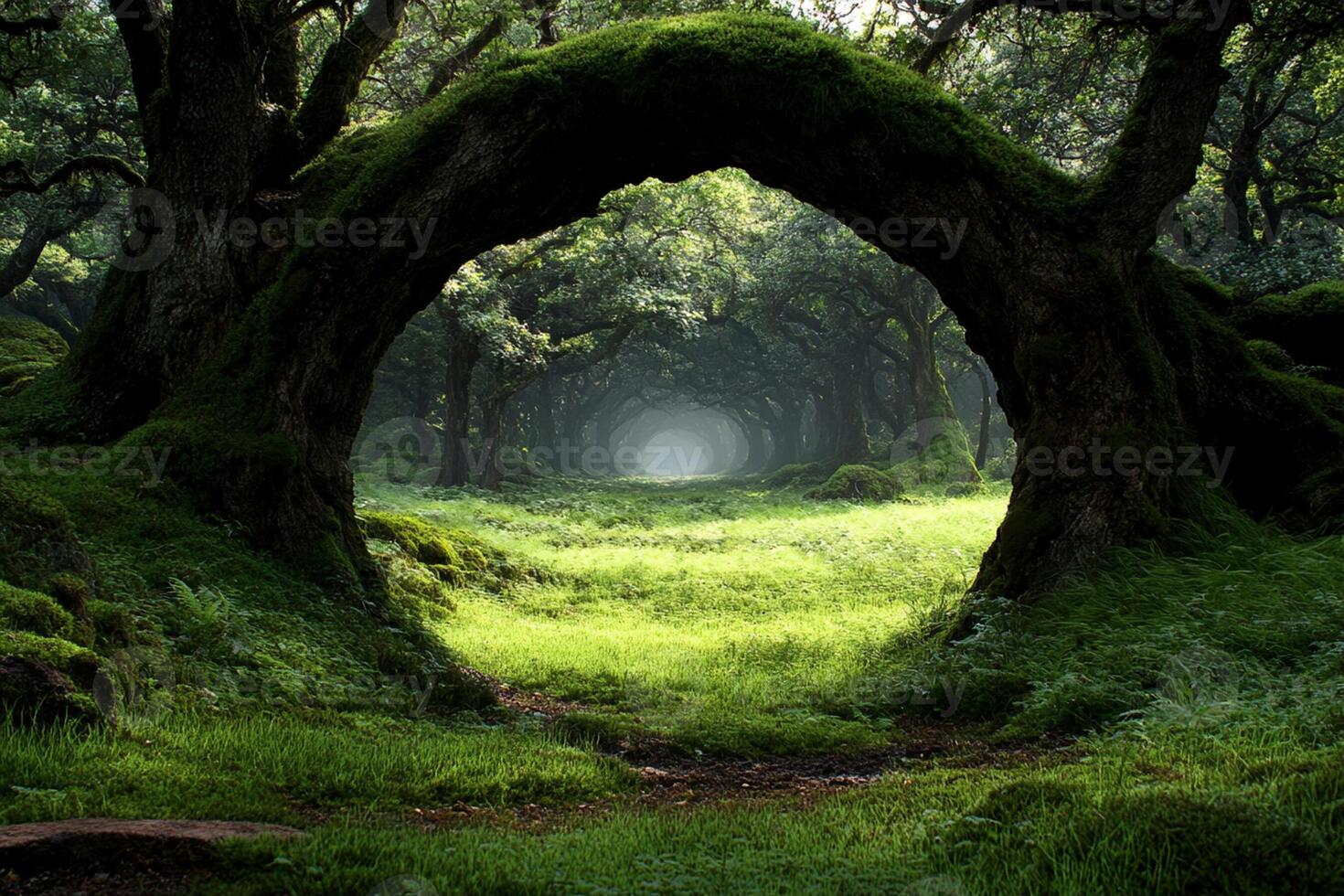 A tunnel in the middle of a forest with trees photo