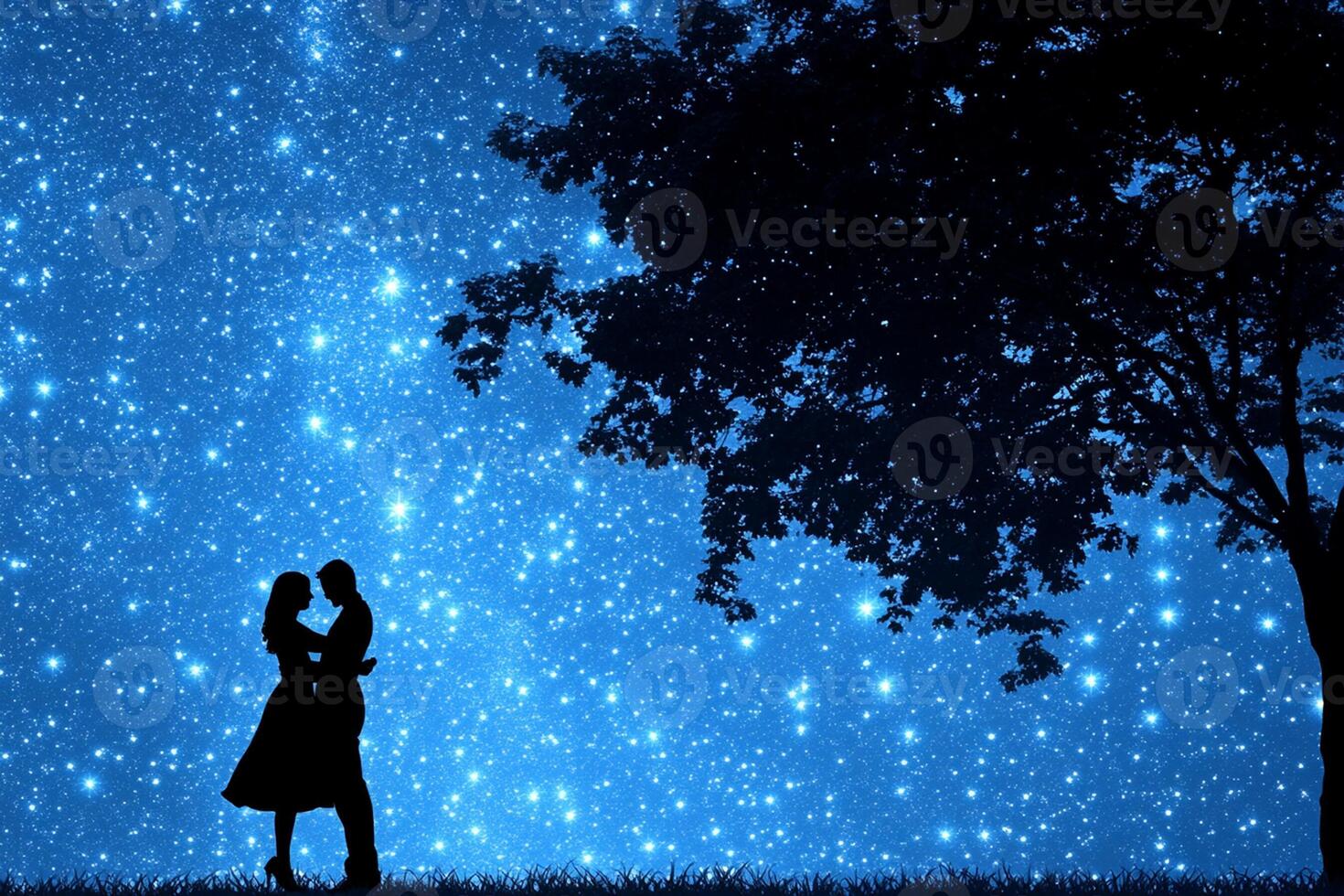 A couple standing under a tree in front of a starry sky photo